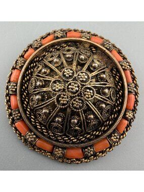 Vintage Israel Brooch Pendant Sterling Silver Coral Domed Filigree READ